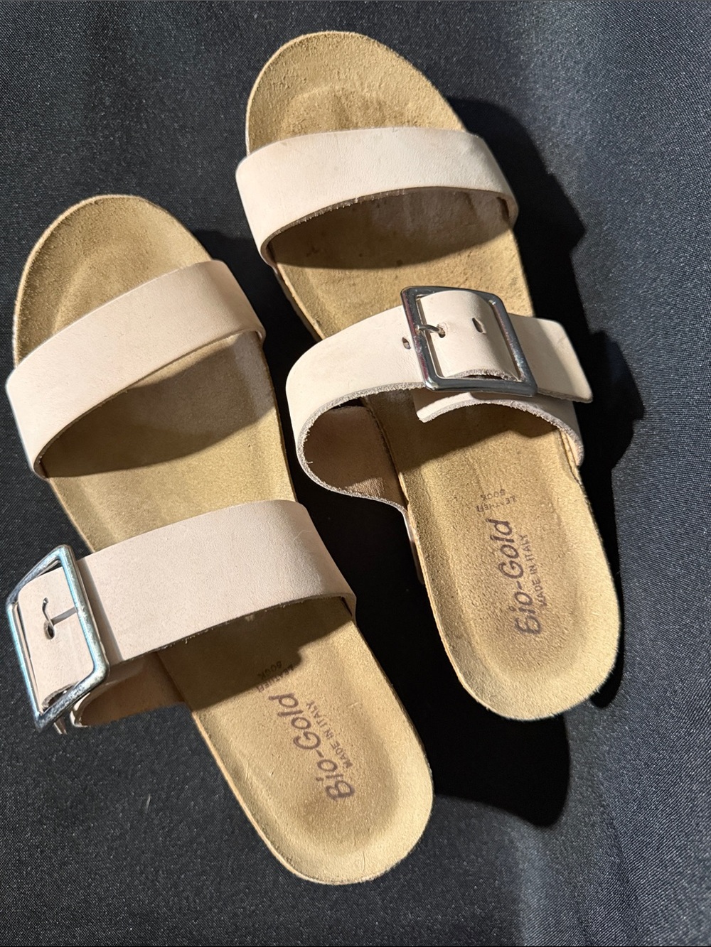 Bio Gold Women's Nude Double-Strap Wedge Leather Cork Sandals with Buckle